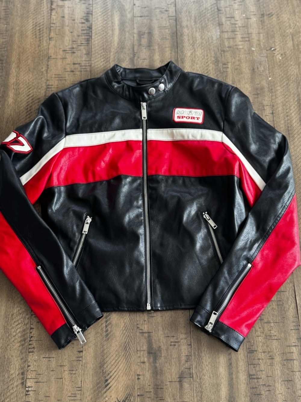Forever 21 Black, Red & White Leather-Style Racing Jacket